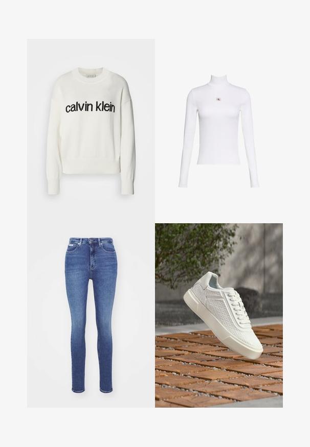 Biely pletený sveter s okrúhlym výstrihom a dlhými rukávmi, na prsiach s čiernym logom "calvin klein". Mäkka textúra, skrátený strih.; Biele tričko s dlhým rukávom a rolákom s malým logom Calvin Klein umiestneným v strede na hrudi na jednoduchom bielom pozadí.; Úzke džínsy v stredne pranej modrej riflovej tkanine. Vlastnosti zahŕňajú vysoký pás, klasický dizajn s piatimi vreckami a kovové gombíky na páse.; Biela teniska s geometrickým vzorom a hrubou podrážkou, zavesená nad drevenou podlahou s lamelami, vo vonkajšom prostredí s zeleňou a stenou v pozadí.
