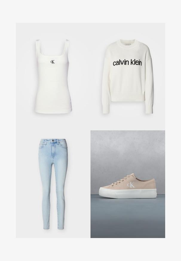 Weißer Strickpullover mit rundem Ausschnitt und langen Ärmeln, ausgestattet mit einem schwarzen "calvin klein" Logo auf der Brust. Weiche Textur, cropped Schnitt.; Weißes Baumwolltanktop mit quadratischem Ausschnitt und schmalen Trägern. Verfügt über ein kleines, schwarz gesticktes CK-Logo auf der Vorderseite.; Hellblaue Skinny-Jeans mit hoher Taille, Frontknopf- und Reißverschluss, fünf Taschen und dezentem Verblassen entlang der Beine.; Hellbeiger Leinensneaker mit weißer Gummisohle, Schnürsenkeln und einem kleinen Logo an der Seite. Strukturierte Oberfläche und minimalistisches Design.