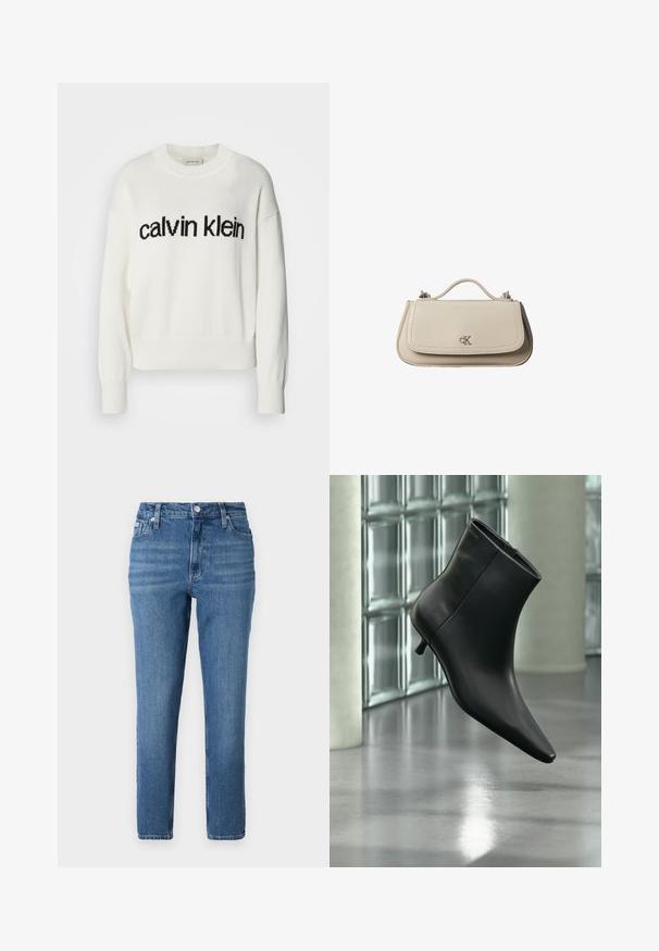 Biely pletený sveter s okrúhlym výstrihom a dlhými rukávmi, na prsiach s čiernym logom "calvin klein". Mäkka textúra, skrátený strih.; Svetlomodré riflové nohavice s vysokým pásom, dizajn s rovnými nohavicami, päťvreckový štýl a jemné vyblednutie. Sú vybavené kovovým gombíkom a zipsovým zapínaním.; Čierna kožená členková čižma so špicatou špičkou a nízkym kitten podpätkom, zobrazená šikmo na pozadí leštenej podlahy a steny zo sklenených blokov.; Malá béžová kožená kabelka s horným držadlom a strieborným logom CK na prednej chlopni, zobrazená na bielom pozadí.