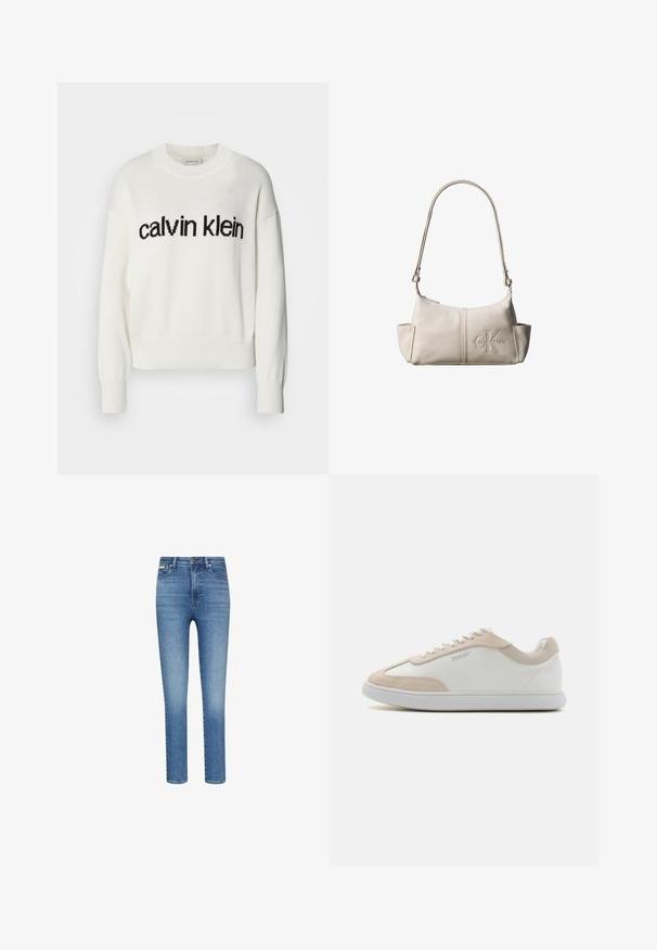 Suéter blanco de punto con escote redondo y mangas largas, que presenta un logo negro de "calvin klein" en el pecho. Textura suave, corte cropped.; Vaqueros ajustados en denim azul de lavado medio. Presentan una cintura alta, diseño de cinco bolsillos y costuras contrastantes en todo el tejido.; Zapatillas de cuero blancas con detalles de ante beige y cordones blancos. Presentan una puntera redondeada y una suela acolchada para mayor comodidad.; Pequeña bolsa de hombro de cuero beige con correa ajustable y logotipo de Calvin Klein en relieve en el centro delantero.