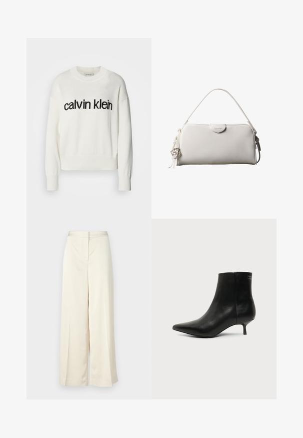 Valge kudum, millel on ümmargune kaelus ja pikad varrukad, ees must "calvin klein" logo. Pehme tekstuur, lühike lõige.; Kreemivärvi laiad püksid, valmistatud siledast kangast. Omab lamefrontseelikut, voldid jalgadel ja mugavat lõiget.; Mustast nahast pahkluukõrge saabas terava otsaga ja madala kassist kannaosaga heledal taustal, näidates välisvaadet.; Valge ristkülikukujuline Calvin Kleini käekott ühe käepidemega, minimalistliku disainiga ja dekoratiivsete tutikestega, mille küljes on geomeetrilise metallist ripats.