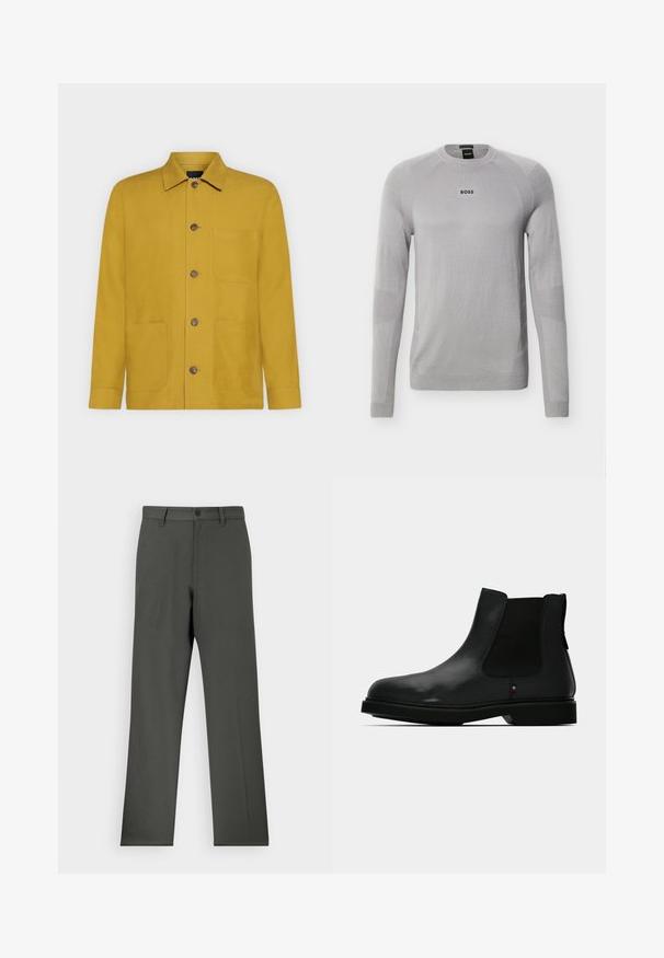 Pull à manches longues gris clair avec col ras du cou, détails texturés subtils et logo noir "BOSS" centré sur la poitrine.; Veste jaune moutarde à manches longues avec col, quatre boutons devant et trois poches avant sur fond uni.; Pantalon gris foncé en tissu lisse, avec une coupe droite, fermeture à bouton et passants de ceinture. Pas de motifs ni d'accents visibles.; Botte Chelsea noire en cuir avec des panneaux latéraux élastiques, un bout rond et une tige texturée. Elle est dotée d'une semelle en caoutchouc plate et d'un détail de branding subtil.