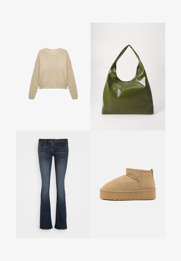 Beige Strickpullover mit rundem Halsausschnitt, langen Ärmeln und lockerer Passform. Strukturiertes Muster im gesamten Kleidungsstück sowie Rippbündchen an Saum und Ärmeln.; Dunkelblaue ausgestellte Jeans mit mittelhohem Bund, fünf Taschen und subtilen Stichakzenten. Hergestellt aus Denim mit glatter Textur.; Beige Wildleder-Stiefeletten mit runder Zehenform, minimaler Nähte und einer hellbraunen Gummisohle mit strukturiertem Muster.; Grüne Leder-Hobo-Tasche mit einem lässigen Design, gebogenem Griff und glatter Textur. Enthält keine sichtbaren Beschläge oder Akzente.