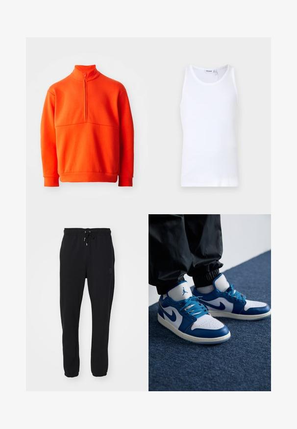 Oranž pullover sviiter kõrge kraega ja pool tõmblukuga. Omab ühtlast tekstuuri, pikki varrukaid ja sirget äärt.; Valge puuvillane top, millel on ümar kaelus ja laiad rihmad. Sile tekstuur, mustreid pole, puhas disain ja brändi silt kaeluses.; Mustad mustad, millel on elastne vöökoht ja reguleeritav pael, mis on varustatud mansetiga pahkluude juures ja külgedel poleerimise logo.; Nike Air Jordan tennisijalad on valge nahast alus siniste sünteetiliste detailidega, aukudega varbakoht ja sinised paelad.
