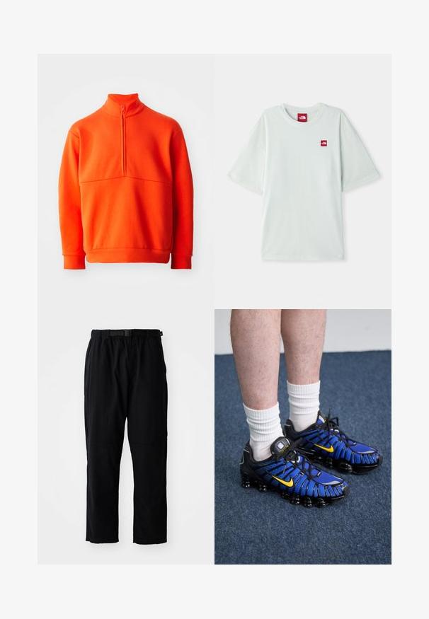 Orange pullover sweatshirt med høj krave og halv lynlås. Har en ensartet tekstur, lange ærmer og lige kant.; Lysegrøn kortærmet t-shirt lavet af blød bomuld, med et lille rødt logo på venstre brystområde. Løs pasform og rund halsudskæring.; Sorte, letvægtsbukser med lige ben, elastisk talje, justerbart bælte og forstærkede knælapper. Ingen synlige mønstre eller accenter.; Blå og sorte sportssko har et mesh-design, gule accenter og en segmenteret sål. Bæres med hvide ankelstrømper.