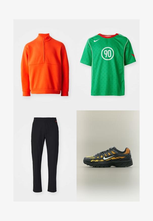 Oranžový pulóver so zaobleným golierom a polovičným zipsom. Má pevný povrch, dlhé rukávy a rovný lem.; Zelené športové tričko Nike s krátkymi rukávmi, bielymi akcentmi, vzorom s bodkami a kruhovým bielym logom "90" v strede. Červený golier.; Čierne úzke nohavice vyrobené z hladkej, ľahkej tkaniny, s predným zipsom a dvoma bočnými vreckami. Oranžový logo detail na pásku.; Čierno-žltá teniska Nike P-6000 s bielym logom Swoosh, čiernou podrážkou a sieťovinovým zvrškom, zobrazená v bočnom profile na jednoduchom pozadí.