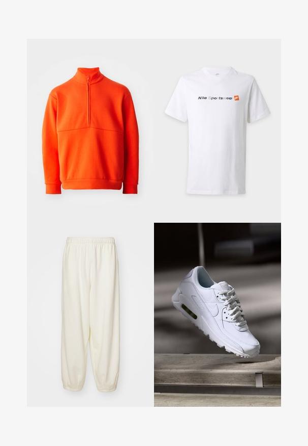Oranž pullover sviiter kõrge kraega ja pool tõmblukuga. Omab ühtlast tekstuuri, pikki varrukaid ja sirget äärt.; Valge lühikeste varrukatega T-särk, millel on halli ja mereväe sinise värvi tekst "Nike Sportswear" ning oranž Nike logo rinnal.; Kreemikaalused dressipüksid on valmistatud pehmest kangast, elastse vöökohaga ja kitsenevate cuffs'idega, relaxed fit stiilis ning ilma nähtavate mustriteta.; Valge nahast tennisete õhustuskujuga pinnad, pehmendustega krae ja nähtav õhuklapp tallas. Omab paelu ja minimaliseeritud disaini.