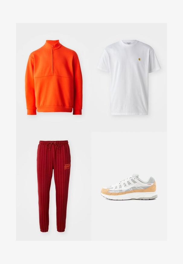 Orange pullover sweatshirt med høj krave og halv lynlås. Har en ensartet tekstur, lange ærmer og lige kant.; Hvid bomulds t-shirt med korte ærmer, rund hals og et lille guld logo på venstre brystområde. Blød tekstur og almindelig pasform.; Røde stribede sweatpants med elastisk talje og snøre. Har "JUST DO IT" broderet i orange. Blødt stof med tapered ben design.; Hvide og grå sneakers med lyse orange accenter, lavet af mesh og lædermaterialer, med en tekstureret sål og geometrisk mønster på siderne.