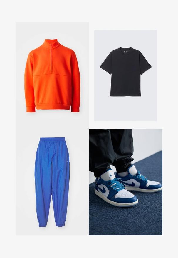 Oranž pullover sviiter kõrge kraega ja pool tõmblukuga. Omab ühtlast tekstuuri, pikki varrukaid ja sirget äärt.; Musthave mustrõngastee kaelusega must puuvillane T-särk, lühikeste varrukatega ja mugava lõikega. Sujuv tekstuur, minimaalne õmblusdetail.; Sinised spordipüksid, mis on valmistatud kergest kangast, elastse vöökoha, kinnitatud ääride ja valgete külgribadega.; Nike Air Jordan tennisijalad on valge nahast alus siniste sünteetiliste detailidega, aukudega varbakoht ja sinised paelad.