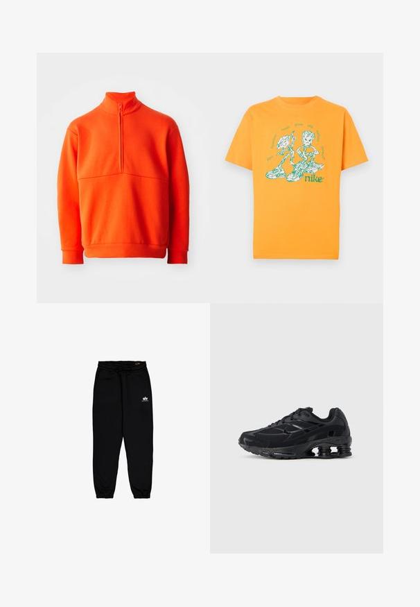 Oranž pullover sviiter kõrge kraega ja pool tõmblukuga. Omab ühtlast tekstuuri, pikki varrukaid ja sirget äärt.; Oranž kootud puuvillane t-särk, millel on roheline graafiline kujundus kahe tegelasega, kellel on lilledetailid, ja tekst "kõige tugevamad vihmad kasvatavad kõrgeimaid lilli."; Mustad mustaharakad pehmes, venivast kangast. Omab elastset vööd koos paelaga ja elastseid mansette. Väike valge logo puusal.; Must sportlik kinga võrgust pealsega, polsterdatud kaelusega ja silmapaistva polsterdatusega kandis. Omab struktuurseid detaile ja paelu.