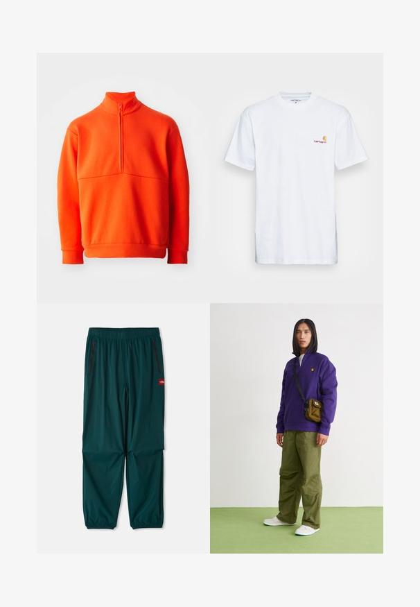 Orange pullover sweatshirt med høj krave og halv lynlås. Har en ensartet tekstur, lange ærmer og lige kant.; Hvid bomulds t-shirt med korte ærmer. Designet med et lille orange og maroon logo på venstre bryst. Har en klassisk rund hals.; Udendørsbukser i mørk teal, med en elastisk talje, to lynlåslommer på siden og elastiske manchetter ved anklerne. Letvægtsmateriale.; Jordan AIR JORDAN 1 ZM CMFT 2 - Sneakers high - summit white/bicoastal/oxidized green