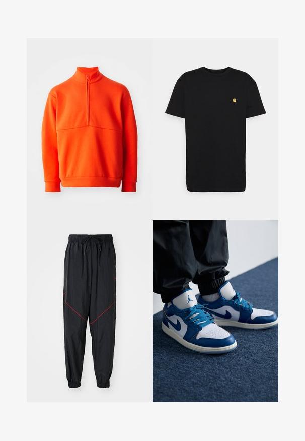 Oranž pullover sviiter kõrge kraega ja pool tõmblukuga. Omab ühtlast tekstuuri, pikki varrukaid ja sirget äärt.; Must must tee, lühikeste varrukatega, ümar kaelus ja vasakul rinnal väike kollane logo. Lihtne disain ja regulaarne istuvus.; Mustad mustelõngad, mis on valmistatud kergest kangast, punaste aktsentõmblustega, elastse vöökohtaga ja nööriga, ning elastsete mansettidega.; Nike Air Jordan tennisijalad on valge nahast alus siniste sünteetiliste detailidega, aukudega varbakoht ja sinised paelad.