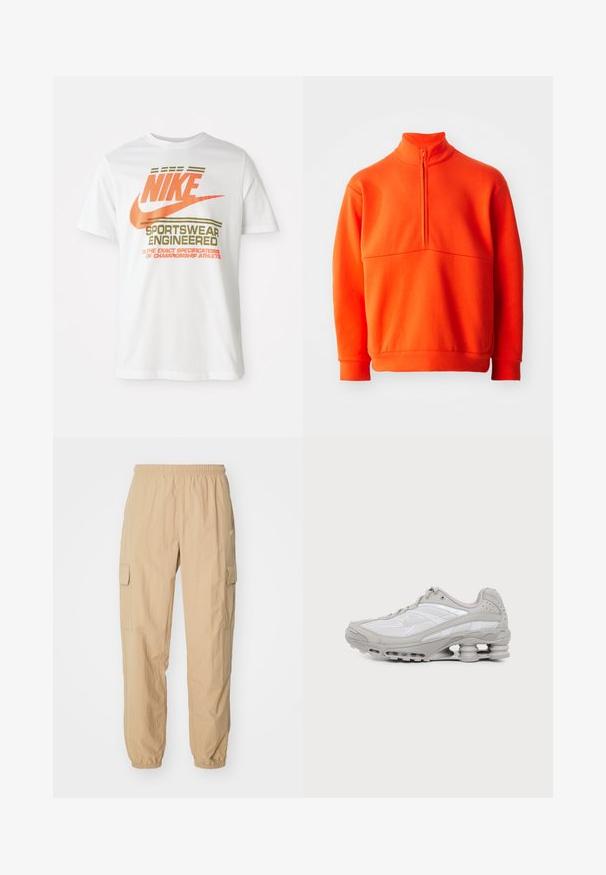 Oranž pullover sviiter kõrge kraega ja pool tõmblukuga. Omab ühtlast tekstuuri, pikki varrukaid ja sirget äärt.; Valge puuvillane T-särk, millel on suur oranž "NIKE" logo ja roheline tekst "SPORTSWEAR ENGINEERED" koos täiendavate spetsifikatsioonidega.; Beežid cargo püksid, mis on valmistatud kergest kangast, elastse vöökoha, kahe külje tasku ja elastsete kinnitustega pahkluude juures.; Hall-valge spordijalats nähtava õhkmadratsi ja võrgust detailidega, esitatud küljepildina lihtsal heledal taustal.
