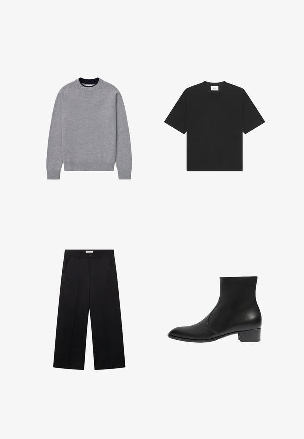 Grauer Strickpullover mit rundem Kragen, gerippten Bündchen und Saum. Weiche Textur, einfarbig, lässiges Design, ideal zum Layering.; Schwarzes T-Shirt mit kurzen Ärmeln und Rundhalsausschnitt, mit einem weißen Etikett mit der Aufschrift „NN. 07“ im inneren Nackenbereich am Rücken.; Schwarze, weit geschnittene Hose mit Gürtelschlaufen, seitlichen Taschen, vorderer Knopfleiste und Reißverschluss, flach auf weißem Hintergrund präsentiert.; Schwarze Leder-Ankle-Boots mit modernem Design, spitzer Zehenpartie und niedrigem Blockabsatz. Verfügt über eine nahtlose Seitenpartie für einen eleganten Look.