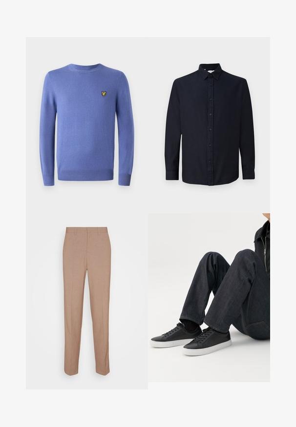 Lyseblå sweater lavet af glat stof med rund halsudskæring. Har et lille guldemblem på brystet og ribbede manchetter og kant.; Mørk marineblå langærmet skjorte med knapper, krave og manchetter, vist fladt mod en enkel lys baggrund.; Beige skræddersyede bukser i en glat, struktureret stof. Straight fit med en linning og uden synlige pyntedetaljer eller lommer.; Person siddende med bøjede ben, iført mørkeblå jeans og sorte lave sneakers med hvide såler på en hvid baggrund.