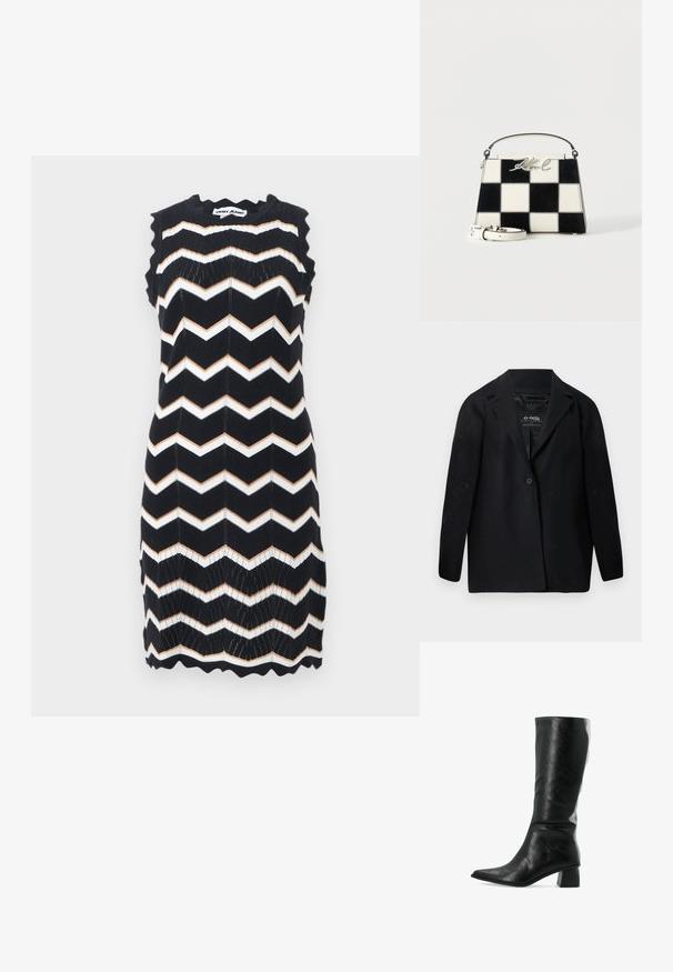 Sort blazer lavet af genanvendt stof med hakket revers, enkelt knaplukning og lange ærmer. Tekstureret overflade med synlige fnugpartikler.; Ærmeløs sort strikket kjole med hvide og beige zigzag-striber, bølgede kanter og DKNY Jeans-mærke ved nakken.; Sorte læder knæ-høje støvler med spids tå og tekstureret overflade. Har en firkantet blokhæl og et elegant, tætsiddende design.; Sort og hvidternet håndtaske med topstrop og aftagelig rem, med sølvfarvet "Karl" signatur foran.