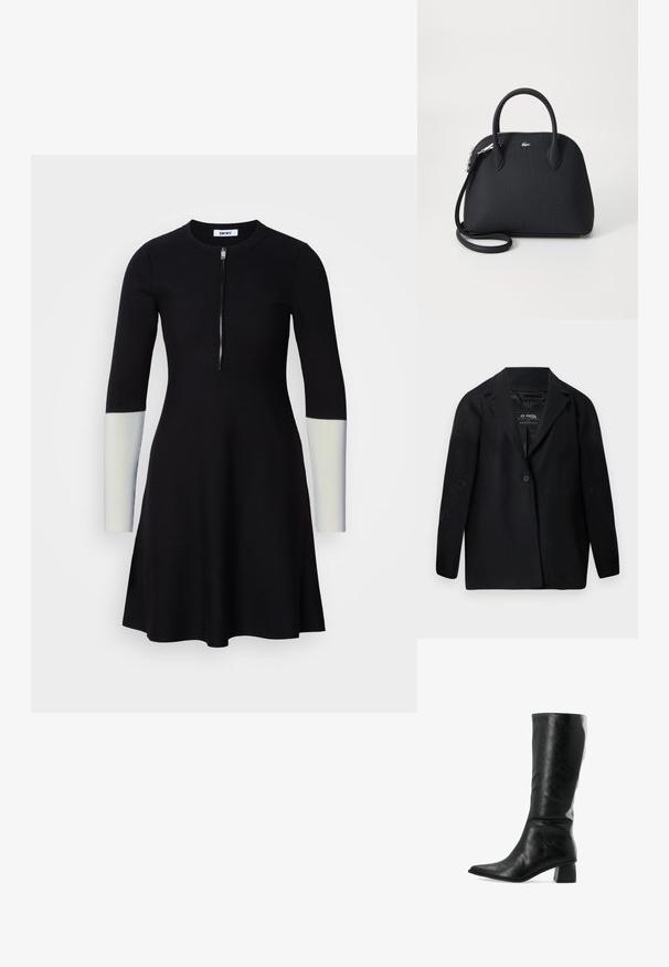 Sort blazer lavet af genanvendt stof med hakket revers, enkelt knaplukning og lange ærmer. Tekstureret overflade med synlige fnugpartikler.; Sort strikket kjole med lange ærmer; har lynlås ved halsen og kontrasterende lysegrå detaljer på ærmerne. A-formet snit.; Sorte læder knæ-høje støvler med spids tå og tekstureret overflade. Har en firkantet blokhæl og et elegant, tætsiddende design.; Sort håndtaske lavet af tekstureret materiale, med to top håndtag og en aftagelig skulderrem, prydet med et sølv logo.