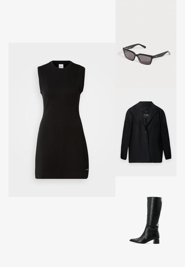 Blazer noir en tissu recyclé, avec un col cranté, une fermeture à un bouton et des manches longues. Surface texturée avec des particules de peluches visibles.; Robe noire sans manches ajustée de Calvin Klein avec un col rond et des détails de couture subtils sur fond blanc.; Botte en cuir noir hauteur genou avec un bout pointu et une surface texturée. Présente un talon carré et un design ajusté et élégant.; Lunettes de soleil rectangulaires noires avec des verres foncés et un logo discret sur la branche, présentées sur un fond clair uni.