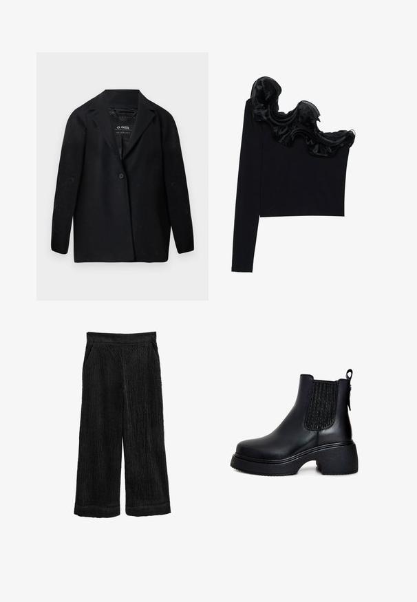 Zwarte blazer van gerecyclede stof, voorzien van een notch-revers, enkele knoopsluiting en lange mouwen. Textuuropppervlak met zichtbare pluisdeeltjes.; Zwarte tops met één schouder, voorzien van een ruffled doorzichtige overlay langs de halslijn, gemaakt van lichtgewicht stof met een gladde textuur.; Zwarte, gestructureerde wijde broek met elastische tailleband en zijzakken, weergegeven op een witte achtergrond.; Zwarte leren enkellaarzen met elastische zijpanelen, ronde neus, stevige gestructureerde hak en een pull tab aan de achterkant voor eenvoudig aan- en uittrekken.