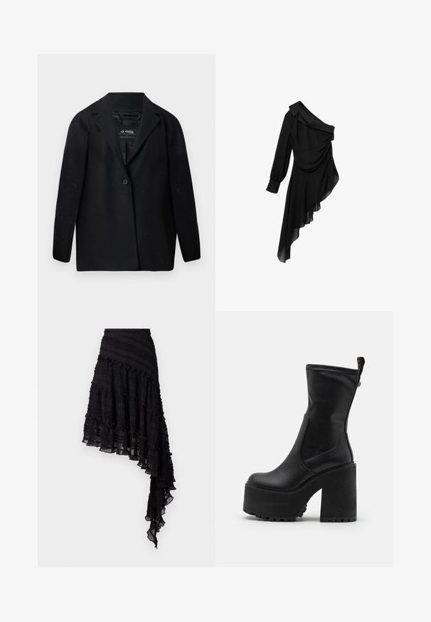 Sort blazer lavet af genanvendt stof med hakket revers, enkelt knaplukning og lange ærmer. Tekstureret overflade med synlige fnugpartikler.; Sort kjole lavet af let stof, med design med én skulder, draperet front, langærmet og asymmetrisk kant.; Sort asymmetrisk nederdel med teksturerede plisseringer, lagdelte flæser og en smocket talje. Letvægtsstof med en gennemsigtig finish.; Buffalo KILLAH SOCK BOOT - Plateaustøvler - black