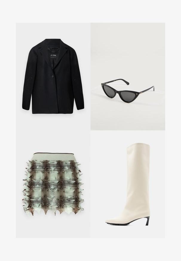 Sort blazer lavet af genanvendt stof med hakket revers, enkelt knaplukning og lange ærmer. Tekstureret overflade med synlige fnugpartikler.; Mintgrøn rynket nederdel med et burdesign, der har brune ternede mønstre og spidse kanter. Elastisk talje for god pasform.; Knæhøj hvid støvle lavet af glat materiale med spids tå og slank sort hæl. Har et enkelt design og minimal branding.; Sorte katteøje solbriller med mørke linser og slanke stænger, mærket Polaroid på stængerne, vist på en hvid overflade.
