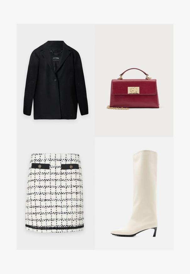 Sort blazer lavet af genanvendt stof med hakket revers, enkelt knaplukning og lange ærmer. Tekstureret overflade med synlige fnugpartikler.; Tweed mini nederdel i hvid og sort med et rutemønster, sorte detaljer, to frontlommer og guldknapdetaljer.; Knæhøj hvid støvle lavet af glat materiale med spids tå og slank sort hæl. Har et enkelt design og minimal branding.; Mørkerød læderhåndtaske med tophåndtag, guldlås i midten og en guldkæderem, der hviler foran på en hvid baggrund.