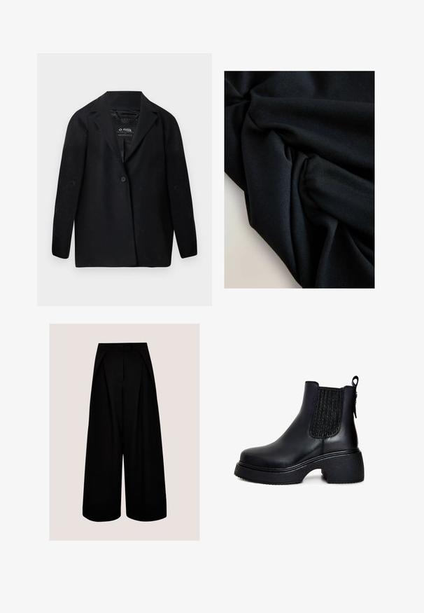 Schwarzer Blazer aus recyceltem Stoff, mit einem Reverskragen, Ein-Knopf-Verschluss und langen Ärmeln. Strukturierte Oberfläche mit sichtbaren Fusselpartikeln.; Schwarzer Stoff mit sichtbarer Textur und Falten, die weiche Schatten und Lichtreflexe auf einer hellen Oberfläche erzeugen.; Schwarze, weit geschnittene Hose mit hoher Taille, Falten und verdecktem vorderem Verschluss vor einfarbig hellem Hintergrund.; Schwarze Lederknöchelstiefel mit elastischen Seiteneinsätzen, runder Zehenpartie, massiven strukturierten Absatz und einer Schlaufe an der Rückseite für ein einfaches Anziehen.