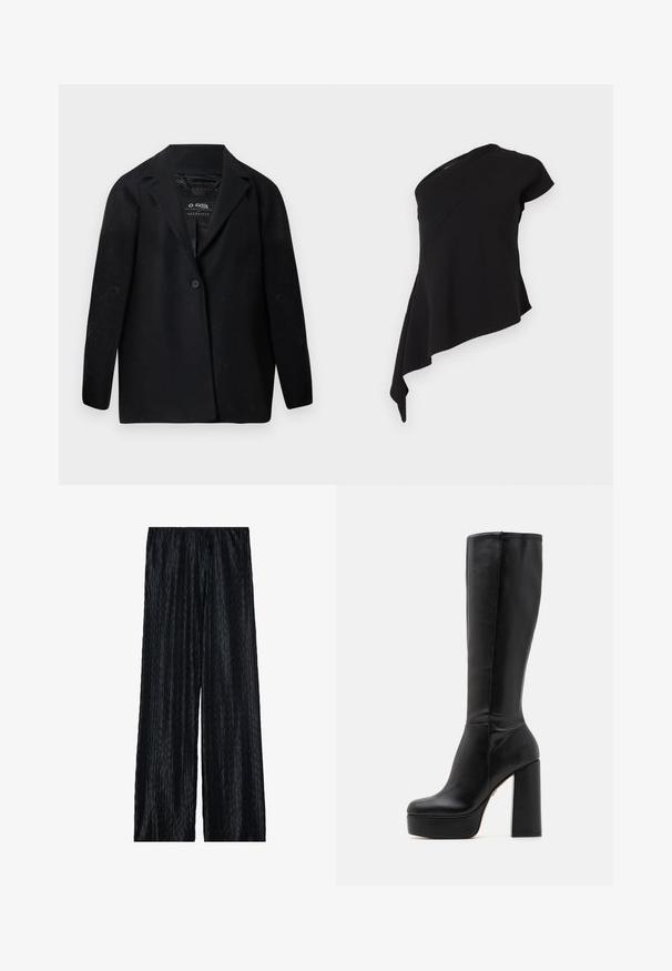 Blazer noir en tissu recyclé, avec un col cranté, une fermeture à un bouton et des manches longues. Surface texturée avec des particules de peluches visibles.; Top asymétrique noir avec une manche courte et un ourlet drapé fluide d'un côté sur fond blanc.; Pantalons wide-leg plissés noirs en matière texturée avec un motif zébré vertical et une taille élastique pour un ajustement confortable.; Bottes noires montantes en cuir lisse avec une finition texturée, dotées d'un talon bloc haut et d'un design à bout rond.