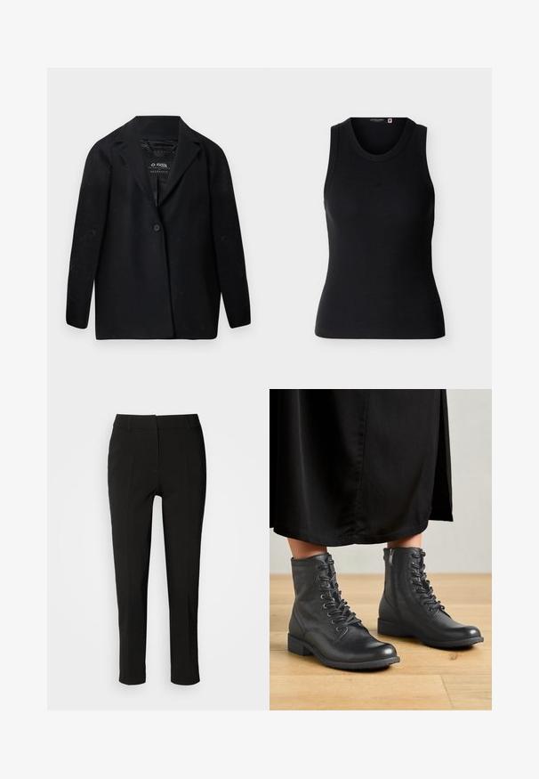 Sort blazer lavet af genanvendt stof med hakket revers, enkelt knaplukning og lange ærmer. Tekstureret overflade med synlige fnugpartikler.; Sort ribstrikket ærmeløs tanktop med rund halsudskæring, tætsiddende pasform og lille broderet logo midt på brystet.; Sorte skræddersyede bukser med slim fit, flad front og uden synlige lommer, med en glat tekstur og en ren finish ved kanten.; Sorte læder ankelstøvler med rund tå, udstyret med snørebånd og lynlås på siden, placeret på et trægulv og sort tøj.