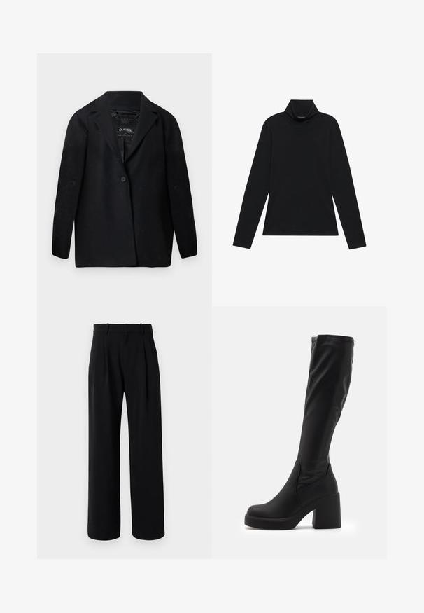 Schwarzer Blazer aus recyceltem Stoff, mit einem Reverskragen, Ein-Knopf-Verschluss und langen Ärmeln. Strukturierte Oberfläche mit sichtbaren Fusselpartikeln.; Schwarzes langärmeliges Rollkragenshirt. Weicher Stoff, enganliegendes Design, hoher Kragen und seitliche Nähte. Schlichter und vielseitiger Stil, der sich gut für das Layering eignet.; Schwarze, hochtaillierte, maßgeschneiderte Hose mit weitem Bein, Gürtelschlaufen und vorderen Falten auf weißem Hintergrund.; Schwarze knielange Stiefel aus glattem Synthetikmaterial mit einem dicken Blockabsatz und einem schlanken Design mit elastischem oberen Rand.