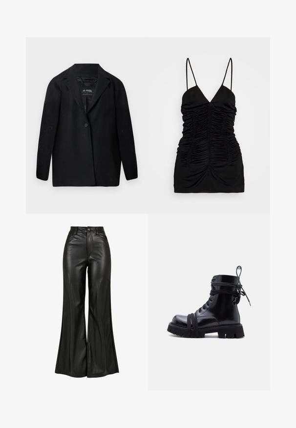 Sort blazer lavet af genanvendt stof med hakket revers, enkelt knaplukning og lange ærmer. Tekstureret overflade med synlige fnugpartikler.; BITE Studios SIRENE - Top - black; Sorte læderbukser med flared design og en glat tekstur, der har høj talje, knaplukning og forreste lommer. Bred ben design og poleret finish.; Blank sort kampstøvle med kraftig sål og lange snørebånd, der er viklet omkring anklen og foden, sat mod en ensartet lys baggrund.