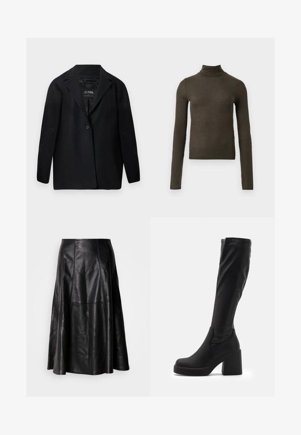 Sort blazer lavet af genanvendt stof med hakket revers, enkelt knaplukning og lange ærmer. Tekstureret overflade med synlige fnugpartikler.; Mørkeoliven grøn ribbet langærmet turtleneck bluse med slank pasform og let cropped længde på ensfarvet lys baggrund.; Sort lædernederdel med en flagrende silhuet, der har synlige sømme og en glat tekstur. Mellemlang design med en klassisk snit.; Sorte knæhøje støvler lavet af glat syntetisk materiale, med en tyk blokhæl og strømlinet design med elastisk top.