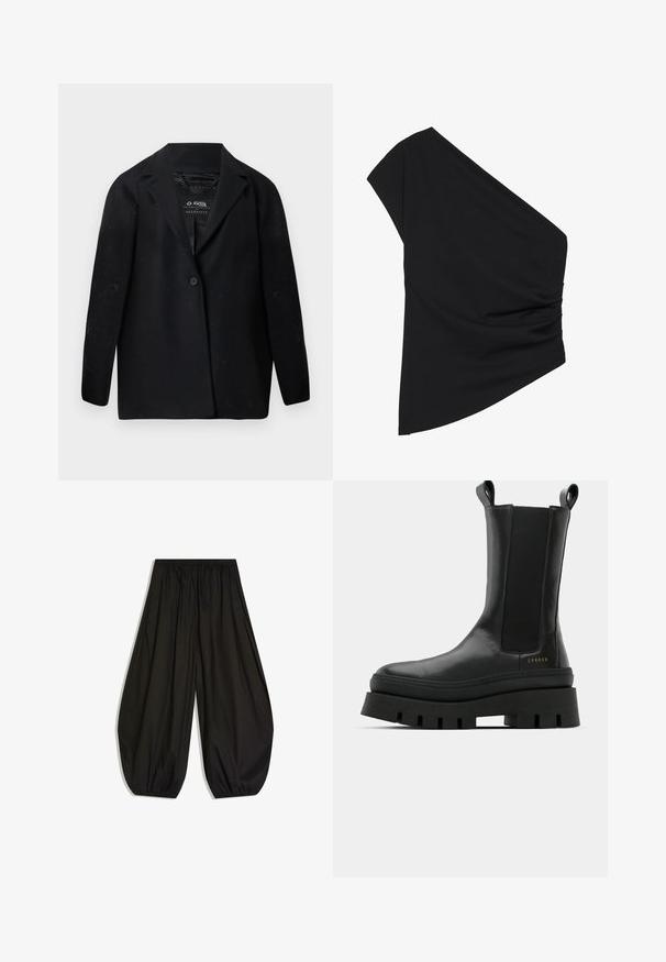 Sort blazer lavet af genanvendt stof med hakket revers, enkelt knaplukning og lange ærmer. Tekstureret overflade med synlige fnugpartikler.; Sort top med én skulder lavet af strækbart stof, med en detaljeret ruched side og en asymmetrisk kant. Glat tekstur med let fald.; Løse sorte bukser med indsamlet elastisk talje og elastiske manchetter, der skaber en ballon-silhuet.; Sorte ankelstøvler med en glat læderfinish, elastiske sidepaneler og en chunky, struktureret platformssål, der har et logo-detail.