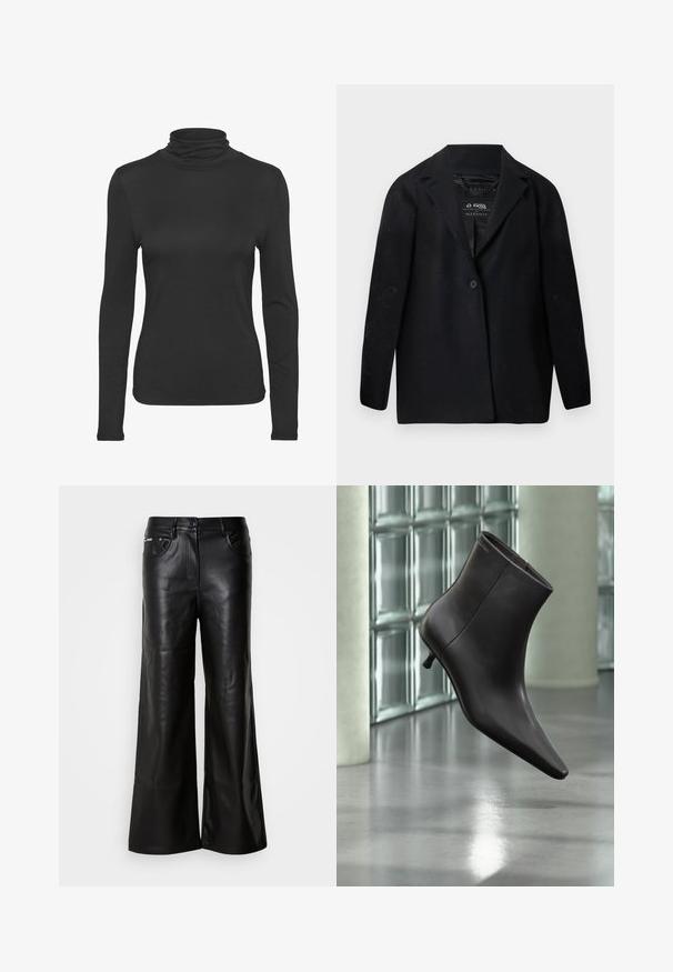 Zwarte blazer van gerecyclede stof, voorzien van een notch-revers, enkele knoopsluiting en lange mouwen. Textuuropppervlak met zichtbare pluisdeeltjes.; Zwarte lange mouw turtleneck shirt gemaakt van glad, rekbaar materiaal. Heeft een aansluitend ontwerp en een klassieke hoge kraag.; Zwarte leren broek met een brede pijp en een zachte textuur, voorzien van een sluiting met een knoop aan de voorkant, twee zijzakken en minimale stikseldetails.; Zwarte leren enkellaars met puntige neus en lage hak, afgebeeld tegen een glazen blokkenmuur en gepolijste vloer op de achtergrond.