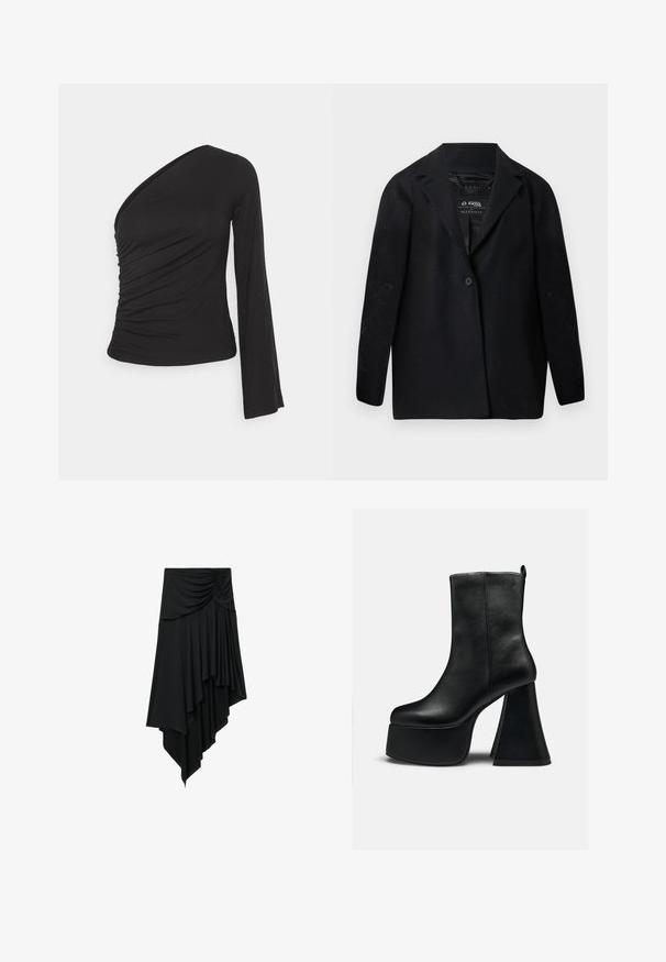 Blazer negro confeccionado con tela reciclada, con solapa con muesca, cierre de un botón y mangas largas. Superficie texturizada con partículas de pelusa visibles.; Top asimétrico de manga larga en negro, con un lado fruncido para dar textura y un silueta ajustada. Hecho de material suave y elástico.; Falda negra asimétrica con detalle fruncido en la cintura y tela en capas drapeada que crea un dobladillo en cascada.; Botín de cuero negro con suela de plataforma gruesa y tacón alto ancho acampanado, textura lisa y pequeño logo cerca del borde superior.
