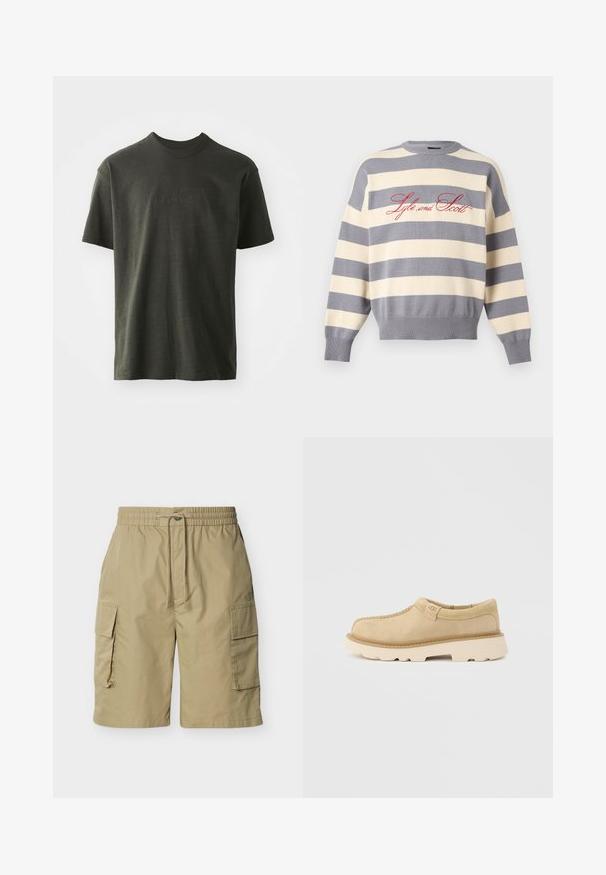 Pullover mit Rundhalsausschnitt mit breiten horizontalen grauen und cremefarbenen Streifen, mit rotem Schriftzug „Lyle and Scott“ auf der Brust.; Dunkelgrünes T-Shirt aus weichem Stoff, mit Rundhalsausschnitt und kurzen Ärmeln. Gesticktes "nike"-Logo in einem etwas dunkleren Grün.; Beige Cargo-Shorts mit elastischem Bund, Kordelzugverschluss und Klappentaschen auf beiden Seiten, vor weißem Hintergrund dargestellt.; Beiger Wildleder-Slipper mit dicker weißer Sohle und UGG-Logo an der Seitenlasche, präsentiert vor einem schlichten hellgrauen Hintergrund.