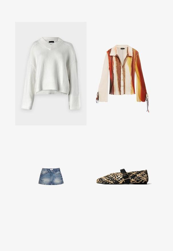 Hvid cropped sweater med V-hals, ribbet kant og lange ærmer. Fremstillet af et blødt, tekstureret strikket materiale. Enkel og alsidig design.; Langærmet skjorte med et farverigt stribet mønster i rødlige, gule og beige nuancer. Den har en klassisk krave og knaplukning.; Denim mini nederdel i lyseblå vask, med en tætsiddende talje, forlommer og en svungen kant med let falming og færdige kanter.; Flad vævet sort og beige slip-on sko med spids tå og sort spænde over toppen, mod en hvid baggrund.