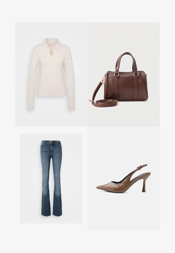 Lys beige strikket sweater med kravehals, et nøglehul ved brystet og lange ærmer med ribbede manchetter.; Bootcut jeans lavet af blåt denim. Har en mid-rise talje, fem lommer, diskrete syninger og et let falmet udseende på benene.; Brun lædersandal med høj hæl, spids tå, justerbar rem med spænde og slank tilspidset hæl.; Mørkebrun flettet læderhåndtaske med to fletninger som håndtag, gyldent metalbeslag og aftagelig skulderrem, der er snoet foran.