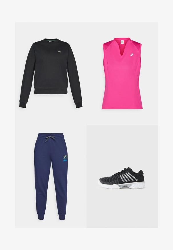Sort langærmet crewneck sweatshirt med et lille grønt og hvidt krokodillelogo på venstre bryst, ribbede manchetter og talje.; Ærmeløs sportstop i klar pink med V-hals. Fremstillet af glat, let stof med en diskret glans og logo-detalje.; Mørkeblå sweatpants med snor i taljen og ankelsyninger. Har et Lotto-logo i livlige farver på venstre lår. Lavet af blødt stof.; Sort atletiksko med hvid sål, diagonale hvide striber på siden, struktureret tåhætte og snørelukning på en grå baggrund.