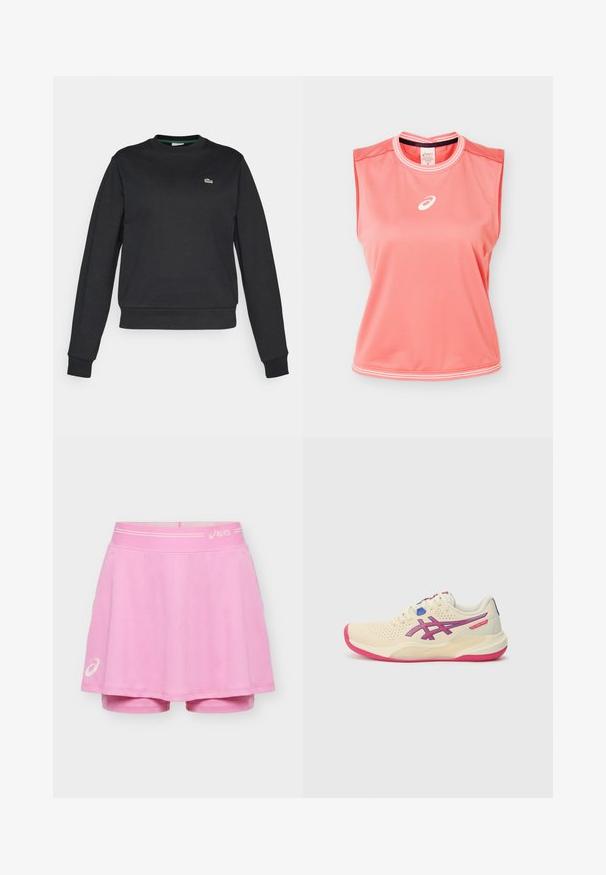 Sort langærmet crewneck sweatshirt med et lille grønt og hvidt krokodillelogo på venstre bryst, ribbede manchetter og talje.; Ærmeløs atletisk tanktop i koralpink med hvide kanter på krave og kant, med hvidt Asics-logo centreret på brystet.; Pink atletisk skort med indbyggede shorts, med ASICS-logoer på linningen og venstre kant, vist på en ensfarvet baggrund.; Cremefarvet sportsko med en lyserød sål, blå og lilla accenter, perforeret overdel og design med rund tå.