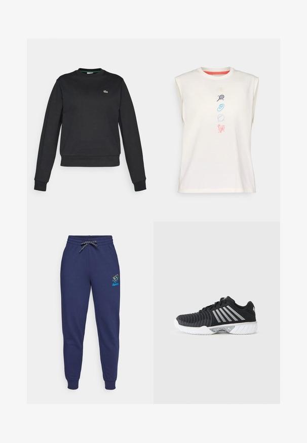 Sort langærmet crewneck sweatshirt med et lille grønt og hvidt krokodillelogo på venstre bryst, ribbede manchetter og talje.; Lyscremet bomulds ærmeløs t-shirt med rund hals, prydet med farverige broderede ikoner: muslingeskal, tennisracket, spiral, bold, høne.; Mørkeblå sweatpants med snor i taljen og ankelsyninger. Har et Lotto-logo i livlige farver på venstre lår. Lavet af blødt stof.; Sort atletiksko med hvid sål, diagonale hvide striber på siden, struktureret tåhætte og snørelukning på en grå baggrund.