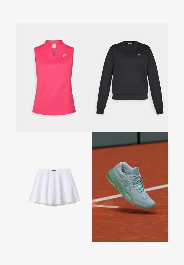 Schwarzer Langarm-Crewneck-Pullover mit kleinem grünen und weißen Krokodil-Logo auf der linken Brust, gerippten Bündchen und Saum.; ASICS COURT TANK - Top - bright rose; Weißer ausgestellter Rock mit weichen Falten und einem kleinen "ALTAVIA" Logo nahe dem unteren Saum auf einem einfarbigen weißen Hintergrund.; Hellblauer Tennisschuh wirbelt Tonstaub auf einem orangefarbenen Tennisplatz nahe einer weißen Begrenzungslinie auf.