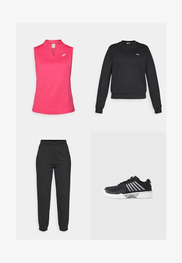 Zwarte lange mouw crewneck sweatshirt met een klein groen en wit krokodillenlogo op de linkerkant van de borst, met geribde manchetten en tailleband.; ASICS COURT TANK - Top - bright rose; Zwarte taps toelopende sweatpants met elastische tailleband en boorden, voorzakken, gemaakt van zacht materiaal.; Zwarte sportschoen met witte gripzool, diagonale witte strepen aan de zijkant, een gestructureerde neuskap en vetersluiting, op een grijze achtergrond.