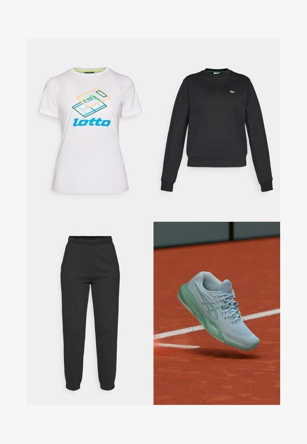 Μαύρη μακρυμάνικη μπλούζα crewneck με μικρό λογότυπο κροκόδειλου σε πράσινο και άσπρο στο αριστερό στήθος, ριμπ μανίκια και ζώνη.; Λευκό κοντομάνικο μπλουζάκι φτιαγμένο από βαμβάκι, με ένα πολύχρωμο γεωμετρικό γραφικό και το λογότυπο "lotto" σε μπλε χρώμα μπροστά.; Μαύροι tapered φόρμες με ελαστική μέση και μανσέτες, μπροστινές τσέπες, κατασκευασμένες από μαλακό ύφασμα.; Ανοιχτό μπλε παπούτσι τένις σηκώνει σκόνη από χώμα σε πορτοκαλί γήπεδο τένις κοντά σε λευκή γραμμή οριοθέτησης.