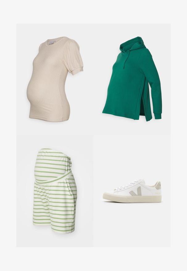 Haut de maternité vert avec capuche, fentes latérales, longues manches et texture douce. Comprend un cordon de serrage et une coupe décontractée pour plus de confort.; Haut de maternité beige avec texture côtelée, manches courtes bouffantes et encolure ronde, conçu pour s'adapter à un ventre qui grandit.; Shorts de maternité rayés en blanc et vert clair, en tissu doux. Comprend une taille élastique et des poches latérales.; Baskets blanches en cuir avec des accents gris en forme de V, semelle en caoutchouc texturé, lacets blancs, et languette et col rembourrés.