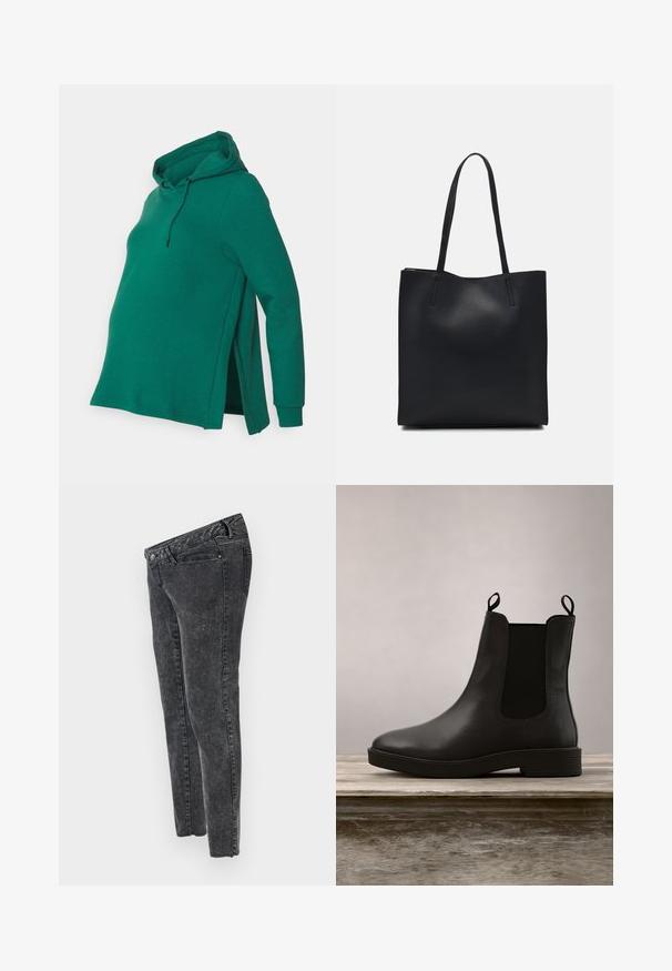 Grøn graviditetshoodie med hætte, sidelæg, lange ærmer og blød tekstur. Har en snor og en afslappet pasform for komfort.; MAMALICIOUS Slim fit Mid waist Raw hems - Jeans Slim Fit - grey denim; Sort læder ankelstøvle med elastiske sidepaneler og en lav hæl, der har en glat finish og rund tå, placeret over en træsør.; Sort læder tote taske med glat tekstur, rektangulær form og to lange hanke. Ingen synlig hardware eller udsmykninger.