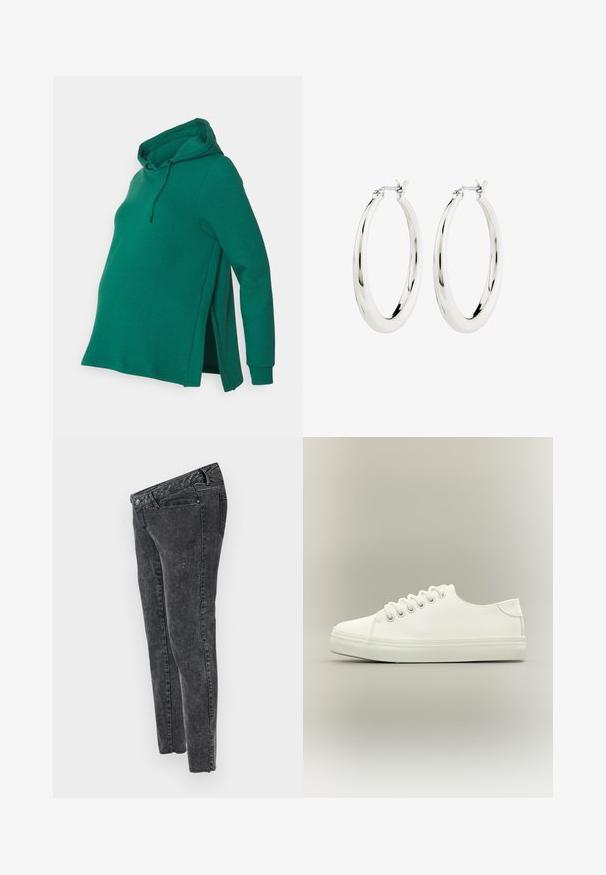Grøn graviditetshoodie med hætte, sidelæg, lange ærmer og blød tekstur. Har en snor og en afslappet pasform for komfort.; MAMALICIOUS Slim fit Mid waist Raw hems - Jeans Slim Fit - grey denim; Hvid lavtop sneaker med hvide snørebånd og gummisål vist fra siden på en neutral baggrund.; Sølvøreringe i form af hoops med en glat, blank finish. Cirkulær form, der har en sikker lås. Simpelt og elegant design.
