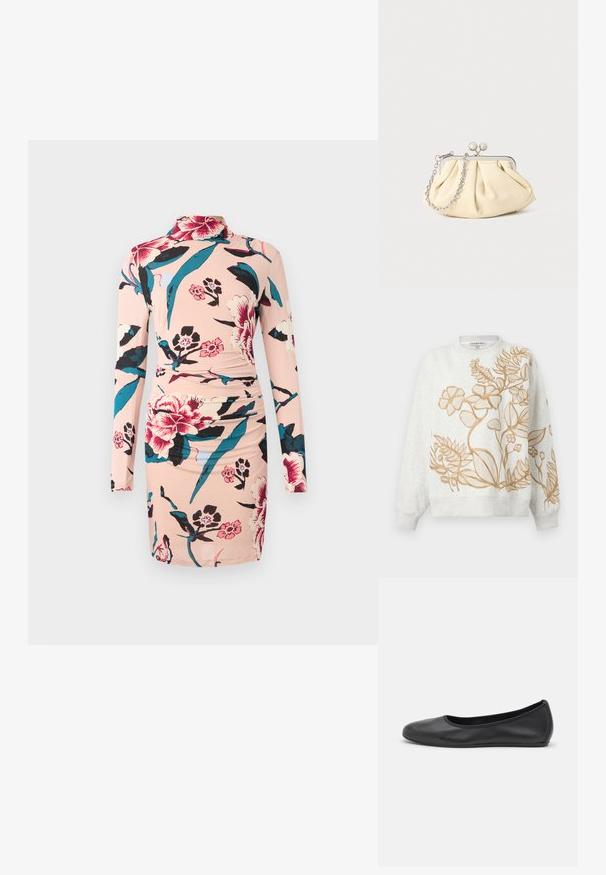 Grijze sweatshirt met goudkleurig geborduurd bloemenpatroon. Heeft een ronde halslijn en geribbelde manchetten en zoom. Zacht, gestructureerd stof.; Diane von Furstenberg AMY DRESS - Jurk - light pink; Zwarte leren ballerina met een ronde neus, gladde textuur, minimale stikdetails en een flexibele zoolontwerp.; Geplooide beige leren clutch met een zilveren metalen frame, voorzien van twee ronde decoratieve sluitingen en een zilveren kettingriem.