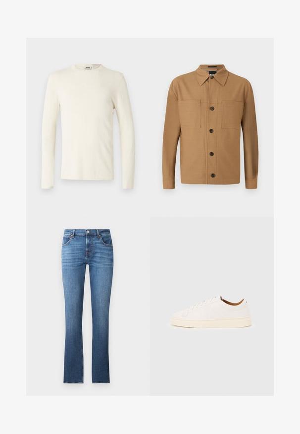 Langärmeliges T-Shirt mit Rundhalsausschnitt in Off-White, aus weichem Baumwollmaterial mit glatter Textur und minimalistischem Design. Keine sichtbaren Muster.; BOSS CRAIG - Hemd - medium beige; Blaue Jeans aus Denim mit geradem Bein, leicht ausgebleicht, fünf Taschen und Metallbeschlägen. Der Bund ist mit Gürtelschlaufen ausgestattet.; Weißer Sneaker mit niedrigem Schaft und Schnürdesign, minimalen Nähten und einer cremefarbenen Sohle auf hellgrauem Hintergrund.