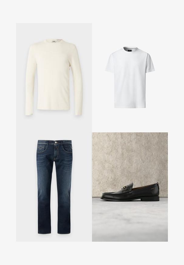 Langärmeliges T-Shirt mit Rundhalsausschnitt in Off-White, aus weichem Baumwollmaterial mit glatter Textur und minimalistischem Design. Keine sichtbaren Muster.; Schlichtes, weißes T-Shirt mit kurzen Ärmeln und rundem Ausschnitt, präsentiert auf weißem Hintergrund, Vorderansicht mit sichtbarem Markenlabel im Kragen innen.; Dunkelblaue Jeans aus Denim mit einem klassischen geraden Bein Design, ausgestattet mit fünf Taschen, einem Knopfverschluss vorne und dezenten Steppnähten.; Schwarzer Lederloafer mit goldfarbenem Metallbit und "HUGO"-Markenlogo, präsentiert vor einem beigen Teppich und braunen durchsichtigen Möbelstücken.